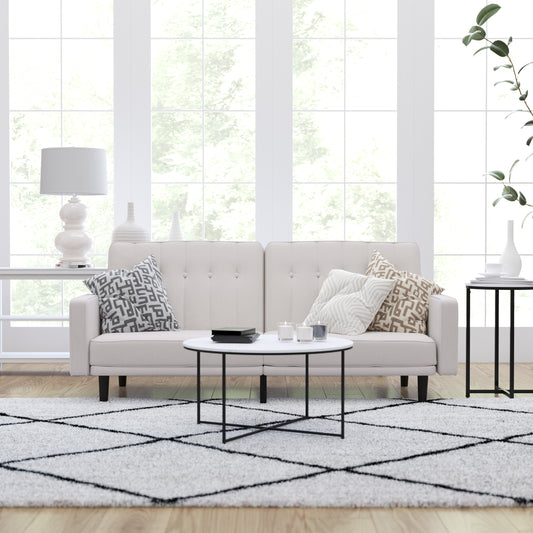 Merrick Lane Ramey Mid Century Modern Split-Back Sofa Futon with 3 Recline Positions In Elegant Stone Faux Linen Upholstery