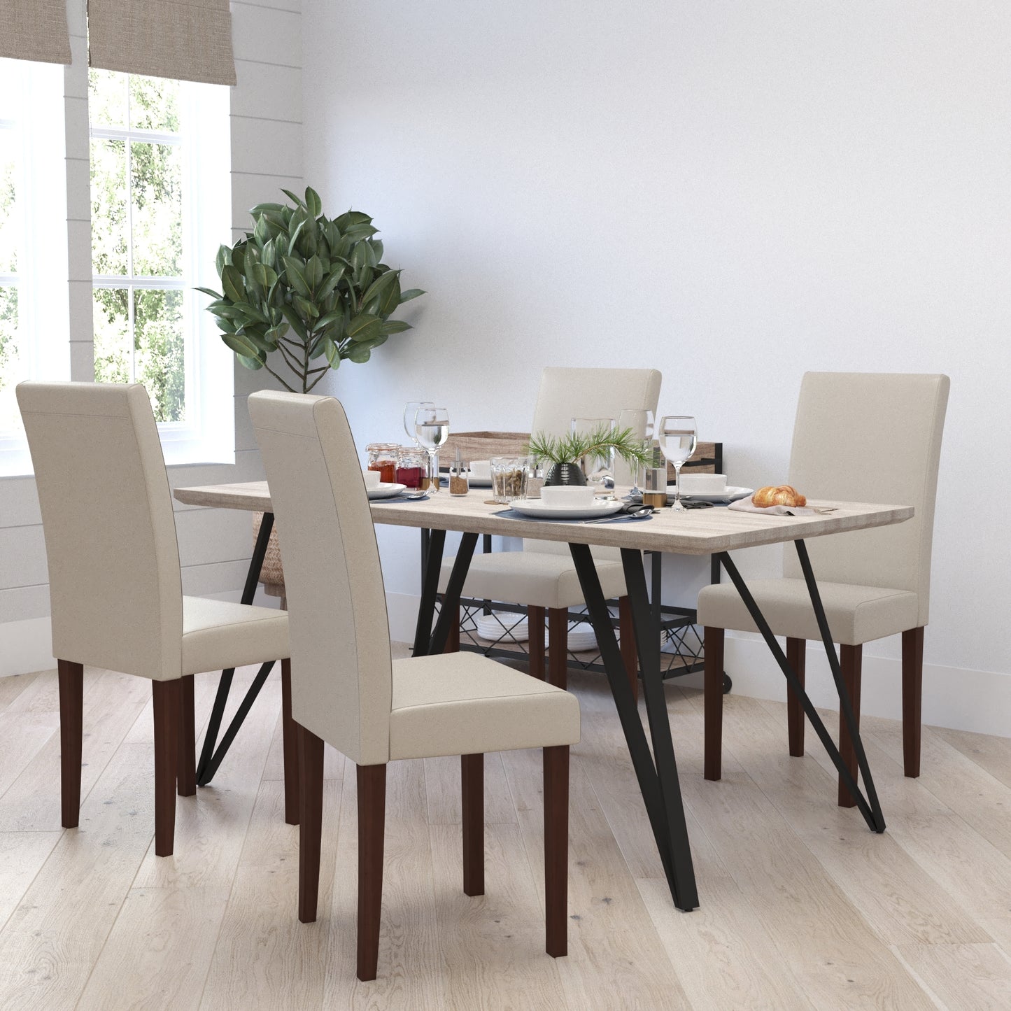 Merrick Lane Ellison Mid-Century Panel Back Parsons Accent Dining Chair in Beige Faux Leather - Set of 4