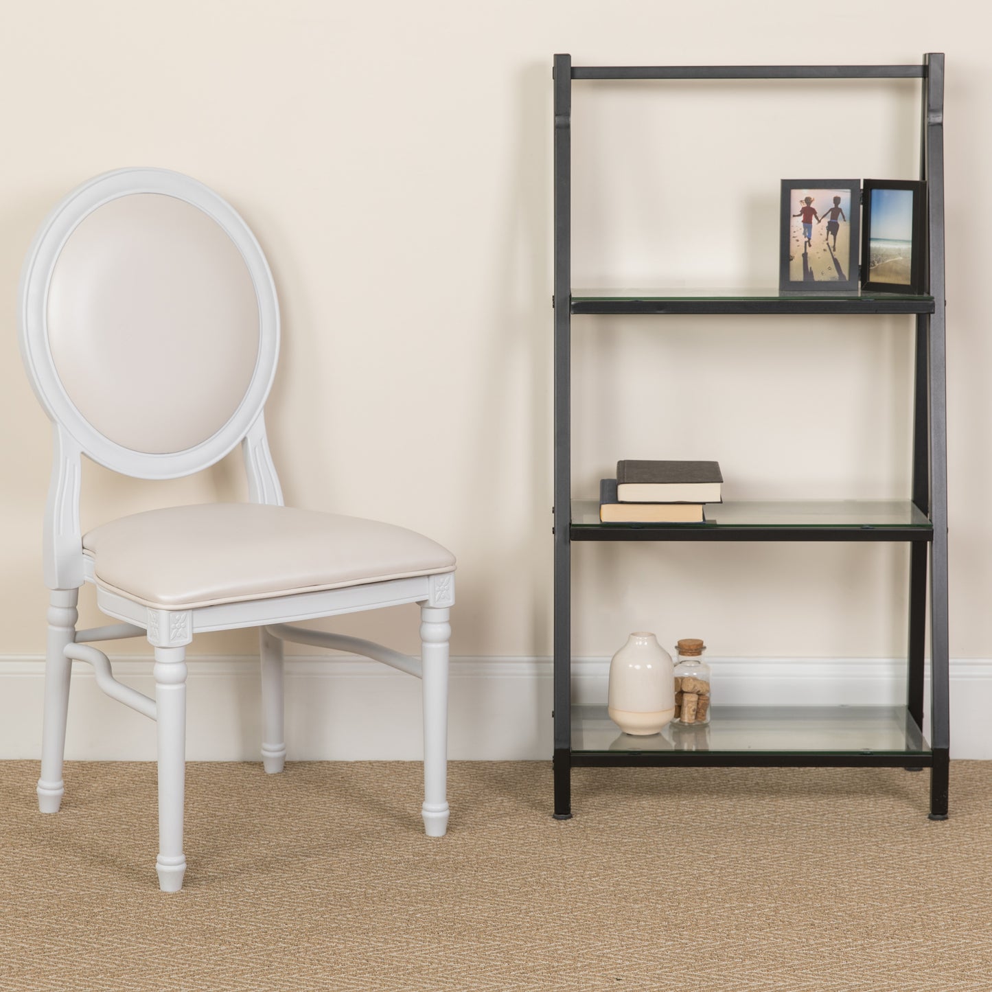 Emma + Oliver King Louis Dining/Desk Chair with White Vinyl Back and Seat and White Frame