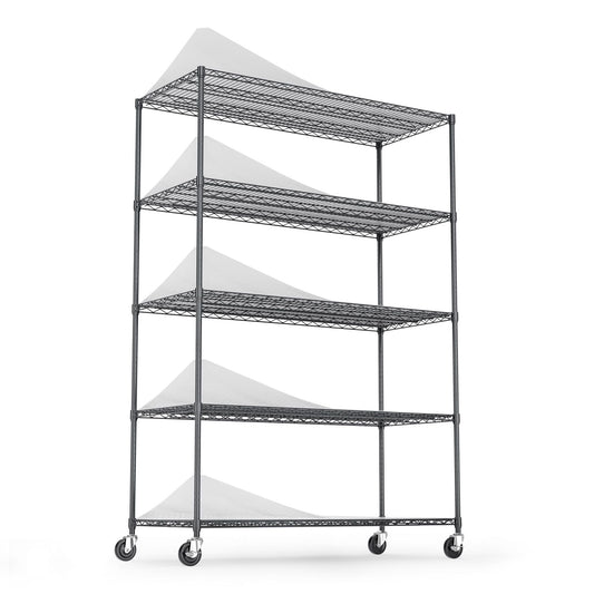 Tatayosi 5 Tier 6000lbs Heavy Duty Adjustable Storage Rack Metal Shelf Wire Shelving Unit with Wheels Shelf Liners - 82 inches H x 48 inches L x 24 inches D - Black