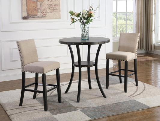 LOVMOR Biony 3-Piece 36in Round Espresso Finish Bar Table with 2 Tan Fabric Nail Head Pub Chairs