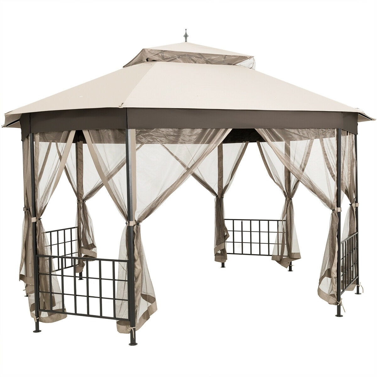 Slickblue 12 x 10 ft Octagonal Brown/Beige Steel Polyester Roof Patio Gazebo with Zippered Netting