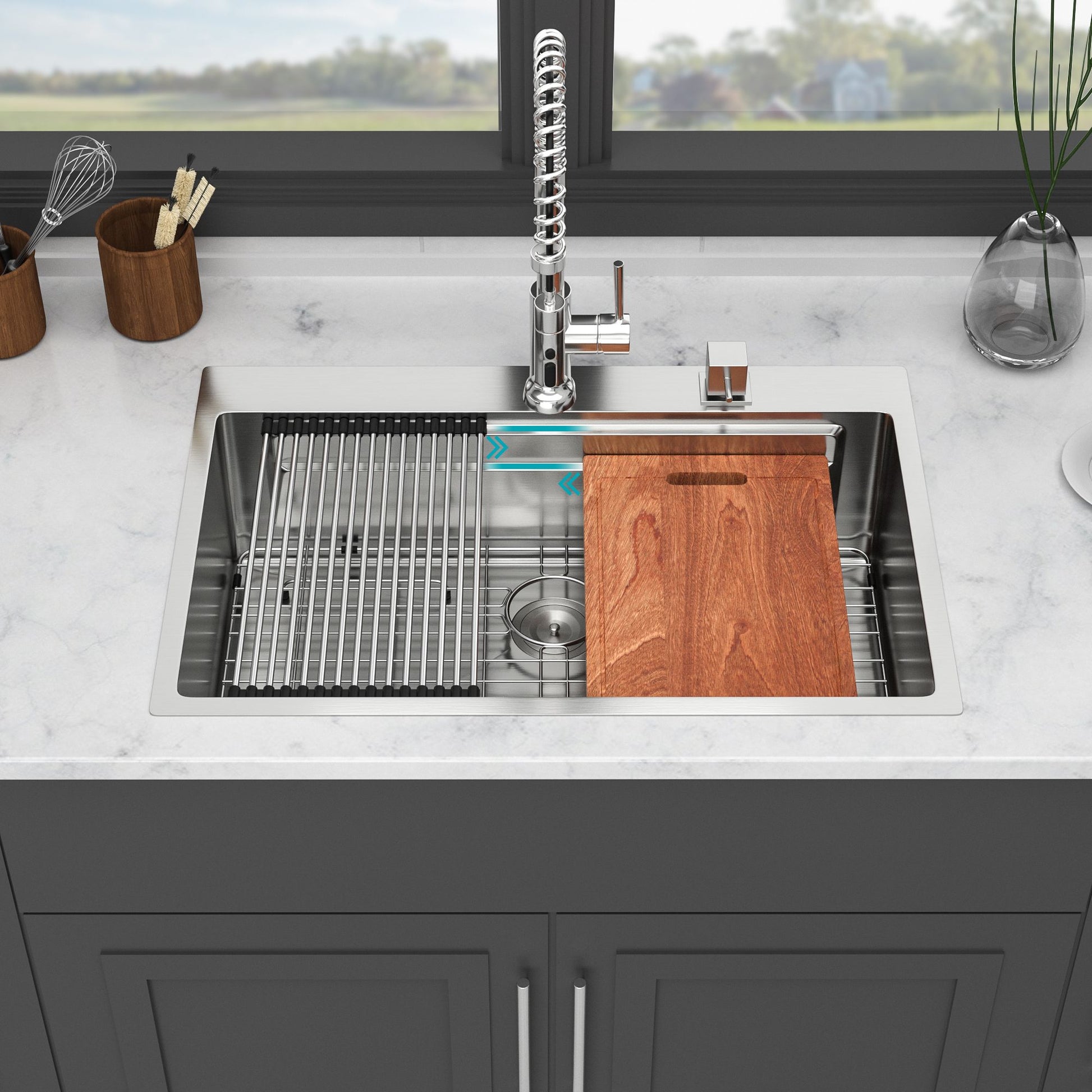 Tatayosi 33 Inch Drop in Kitchen Sink - 33x22 inch Kitchen Sink Drop-in Topmount Single Bowl 16 Gauge Stainless Steel Ledge Workstation Kitchen Sinks