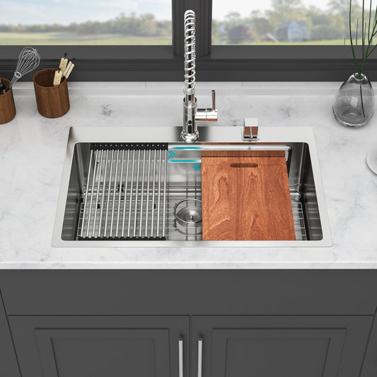 Tatayosi 33 Inch Drop in Kitchen Sink - 33x22 inch Kitchen Sink Drop-in Topmount Single Bowl 16 Gauge Stainless Steel Ledge Workstation Kitchen Sinks