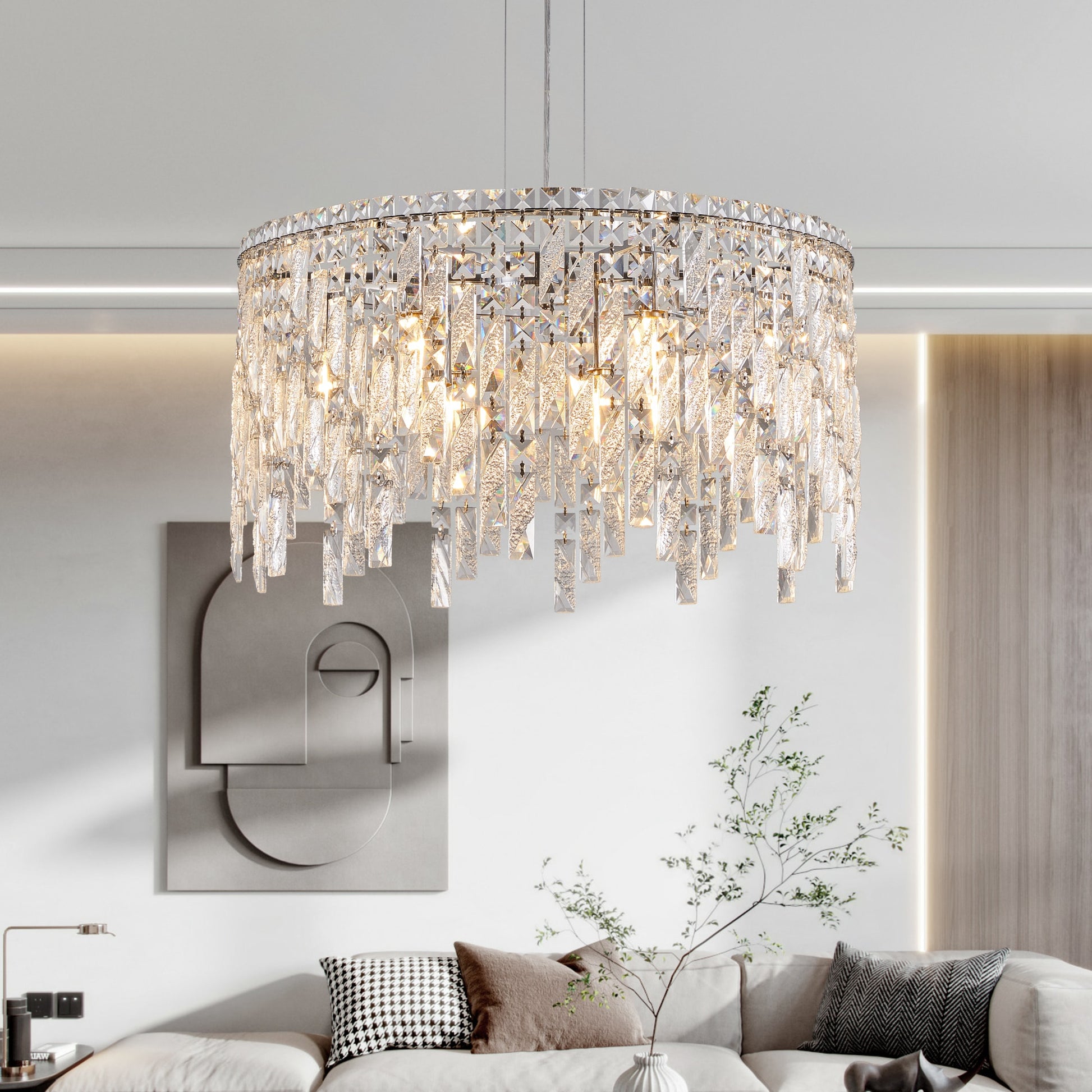 Tatayosi 24 inches Luxurious Round Silver Crystal Chandelier Contemporary Rectangular Pendant Light for Dining Room Living Room and Grand Foyers (Bulbs Not Included)