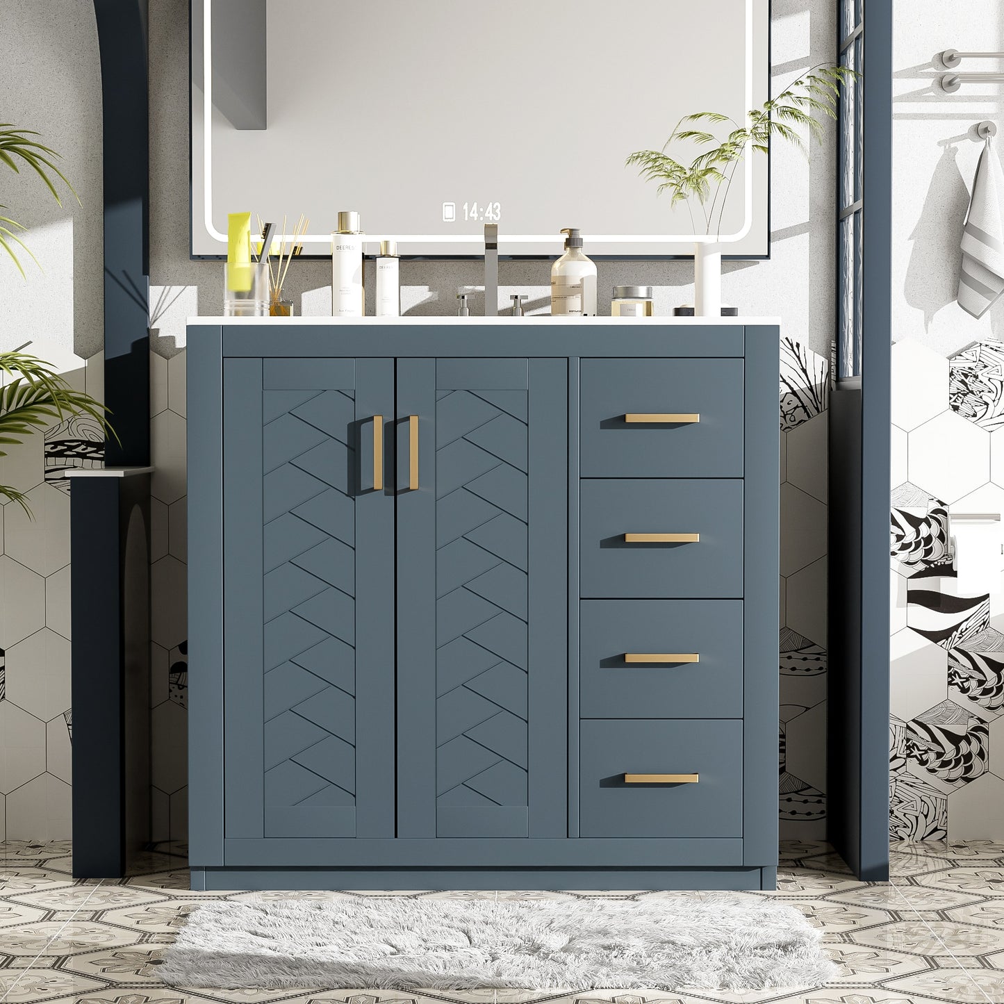 LOVMOR 36 Bathroom Vanity with Ceramic Sink Combo Solid Wood Frame Bathroom Storage Cabinet Freestanding Vanity Set with 3 Drawersand Soft Closing Doors