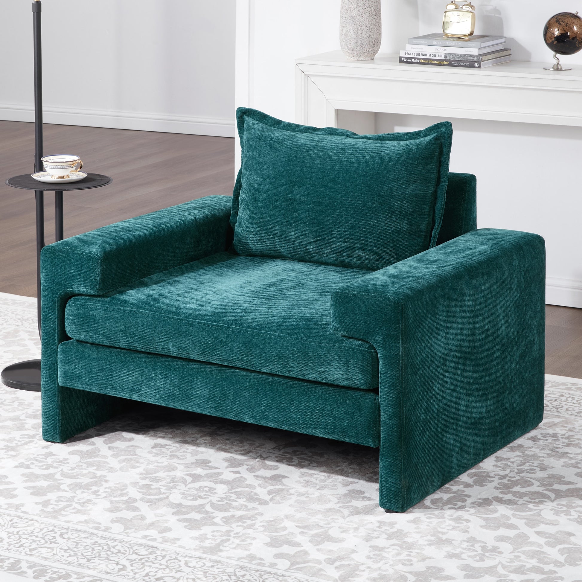 LOVMOR Green Chenille Upholstered Accent Armchair Wide Armrests Ergonomic Back