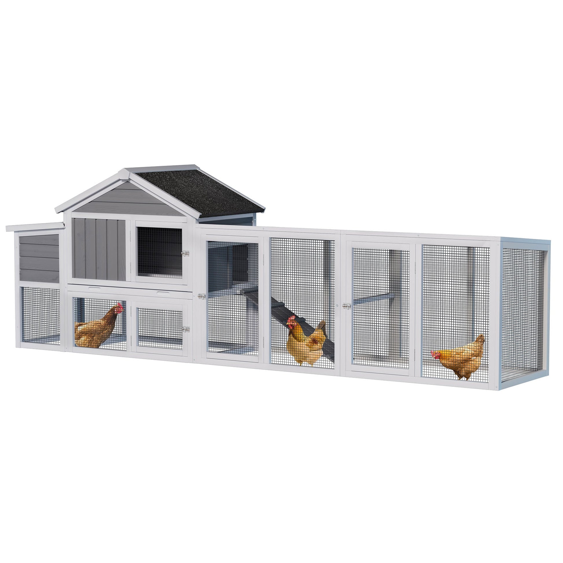 Vynxaria  Gray Wooden Chicken Coop Outdoor Hen House with Run Waterproof Roof Anti-UV Panel Nesting Box Secure Lock 1 Piece 113 Inch