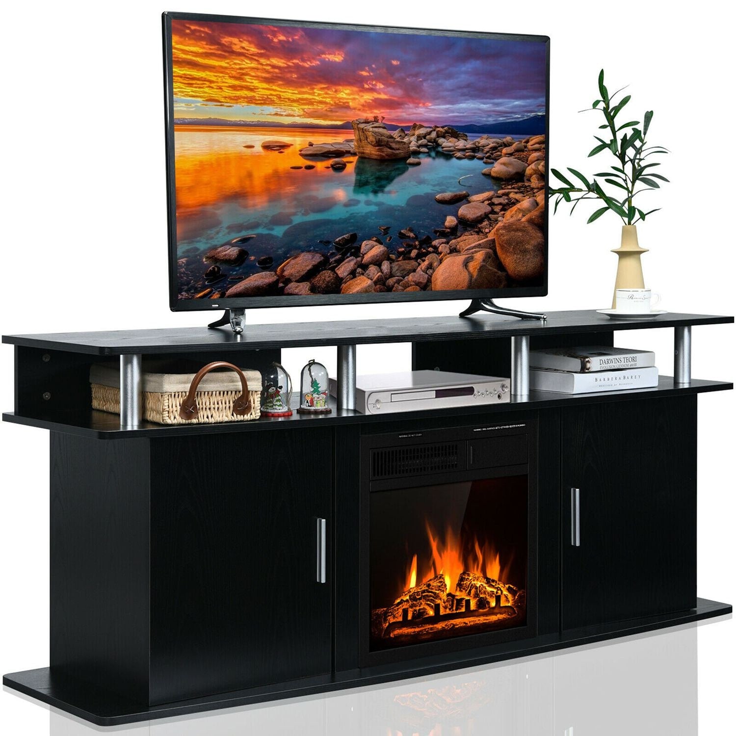 Costway  63 inches Fireplace TV Stand With 18 inches 1500W Electric Fireplace up to 70 inches Black