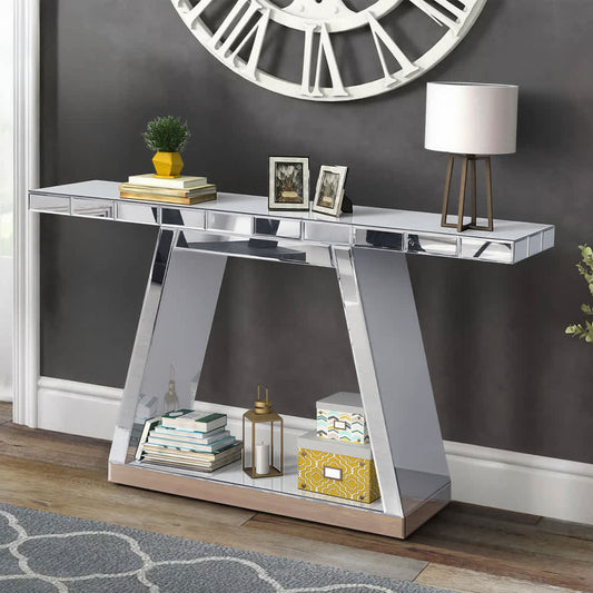 Coolbibila 55 Inch Mirrored Console Table with Trapezoid Base Silver Glass Modern Entryway Hallway Accent Table