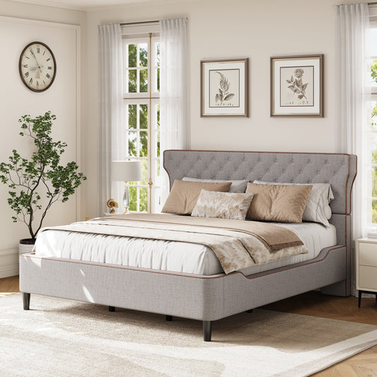 Christopher Knight Home Beckley Queen Size Upholstered Platform Bed with Curved Back Headboard and Button Tufted Design- Modern Classic Style Bed Frame- No Box Spring Needed- Easy Assembly- Grey