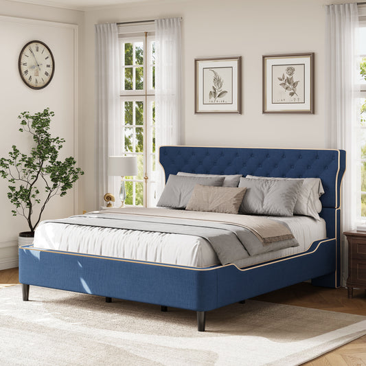 Christopher Knight Home Sarmar Queen Size Upholstered Platform Bed with Curved Back Headboard and Button Tufted Design- Modern Classic Style Bed Frame- No Box Spring Needed- Easy Assembly- Blue