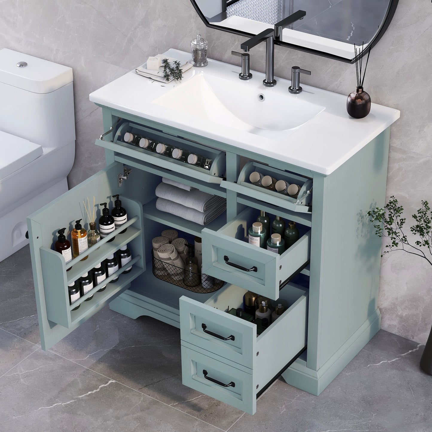 ModernLuxe 36inch Bathroom Vanity with Sink Ceramic Sink 2 Tipout Drawers Soft Close Door Hinges Grey