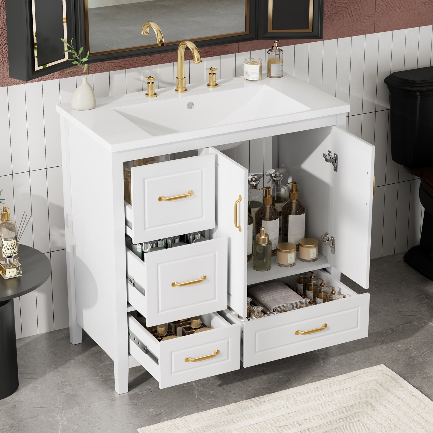 ModernLuxe 36 inch Bathroom Vanity with Sink One Cabinet with Softclosing Doors 4 SoftClosing Drawers Metal Handles White