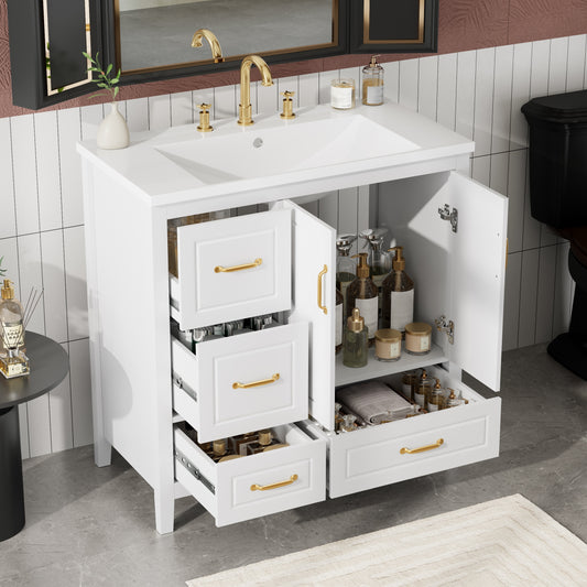 ModernLuxe 36 inch Bathroom Vanity with Sink One Cabinet with Softclosing Doors 4 SoftClosing Drawers Metal Handles White