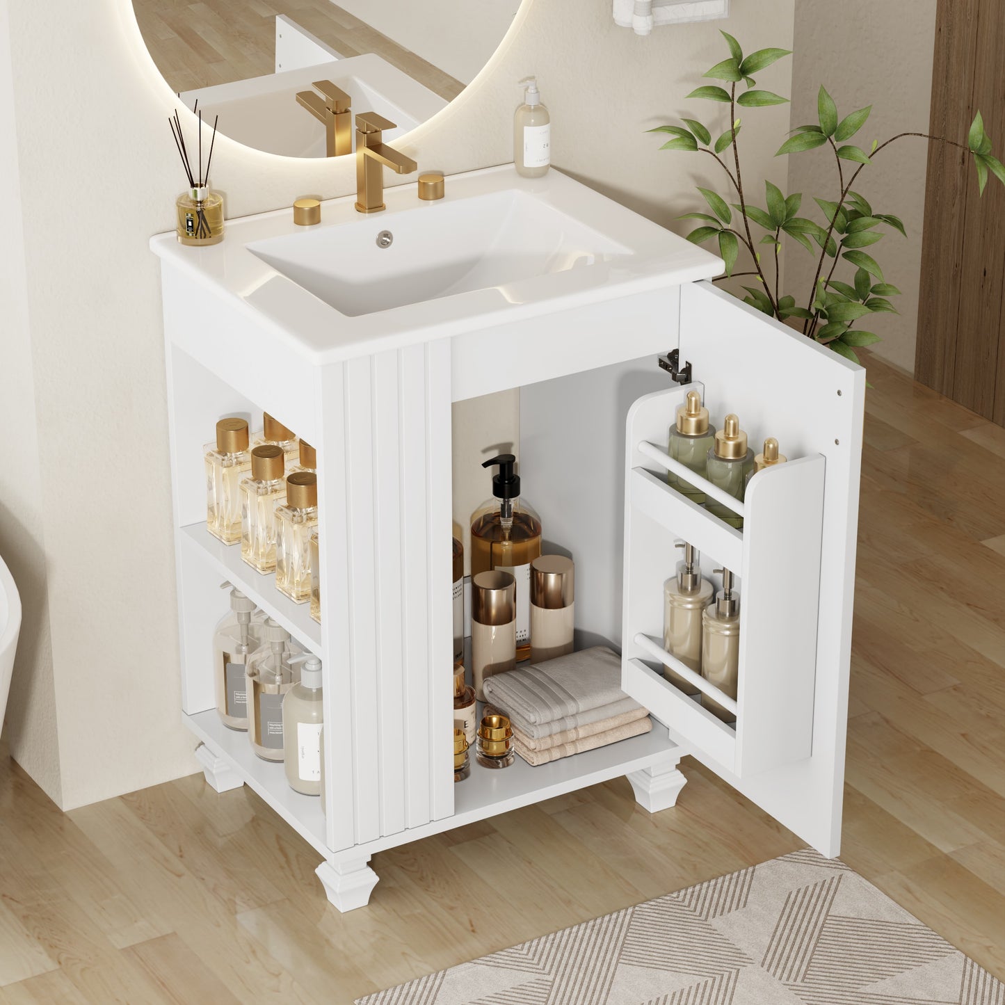 ModernLuxe 24inch Bathroom Vanity with Sink Bathroom Cabinet with Door Shelf Side Open Storage Solid Wood FrameSoft Closing Door White