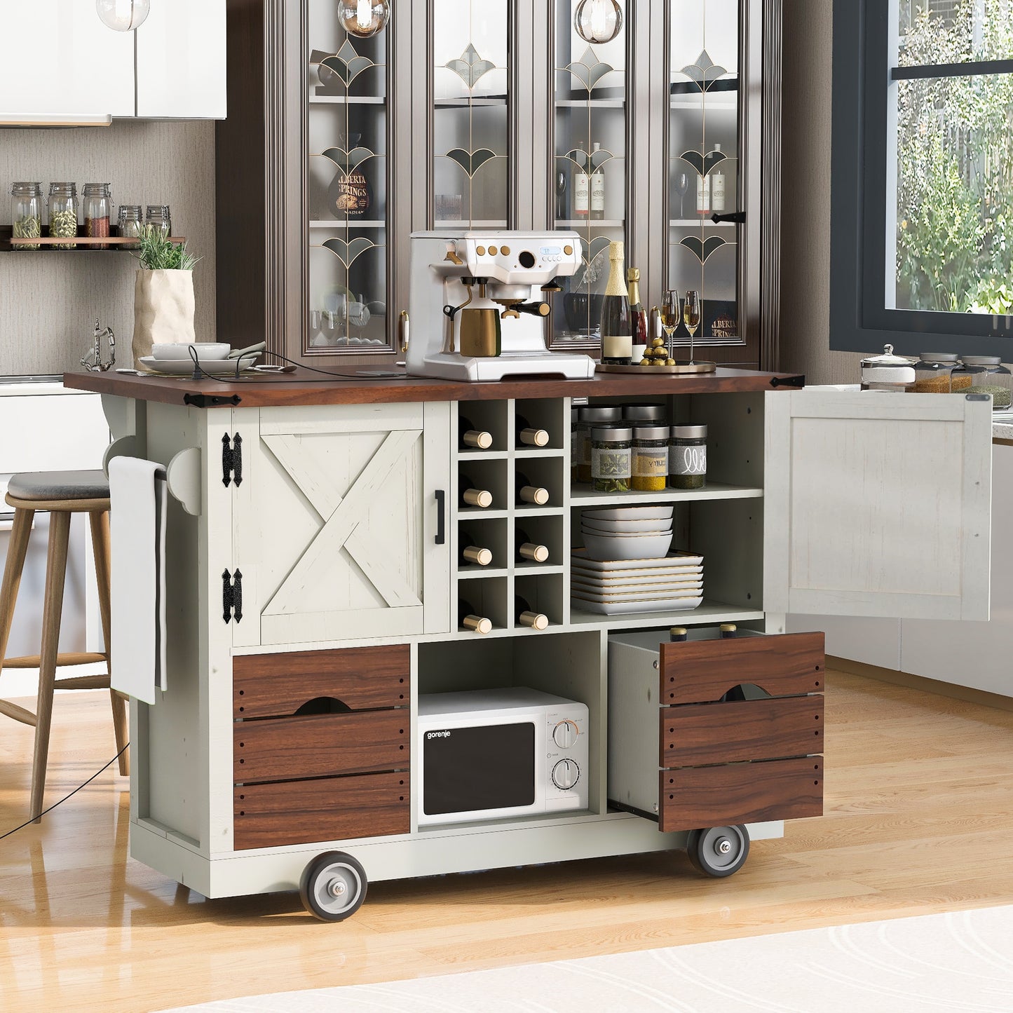 ModernLuxe KK 54inch Farmhouse Kitchen Island with Drop Leaf Power Outlet Kitchen Storage Cart with 2 Doors 2 Drawers Rolling Kitchen Island on 4 Large Wheels with Spice Rack for Kitchen Dining Room White