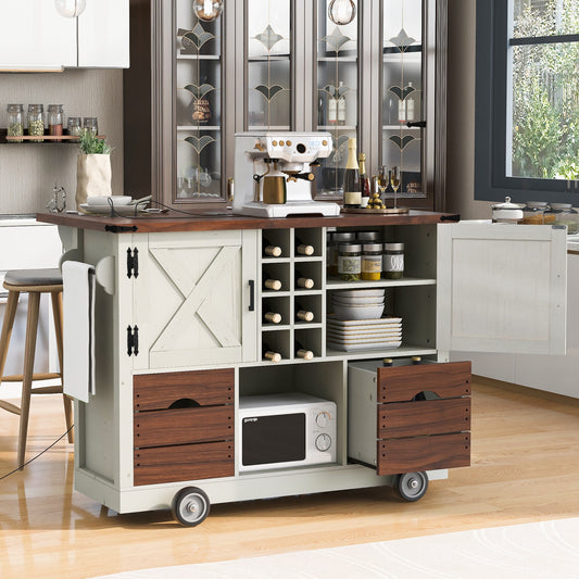 ModernLuxe KK 54inch Farmhouse Kitchen Island with Drop Leaf Power Outlet Kitchen Storage Cart with 2 Doors 2 Drawers Rolling Kitchen Island on 4 Large Wheels with Spice Rack for Kitchen Dining Room White