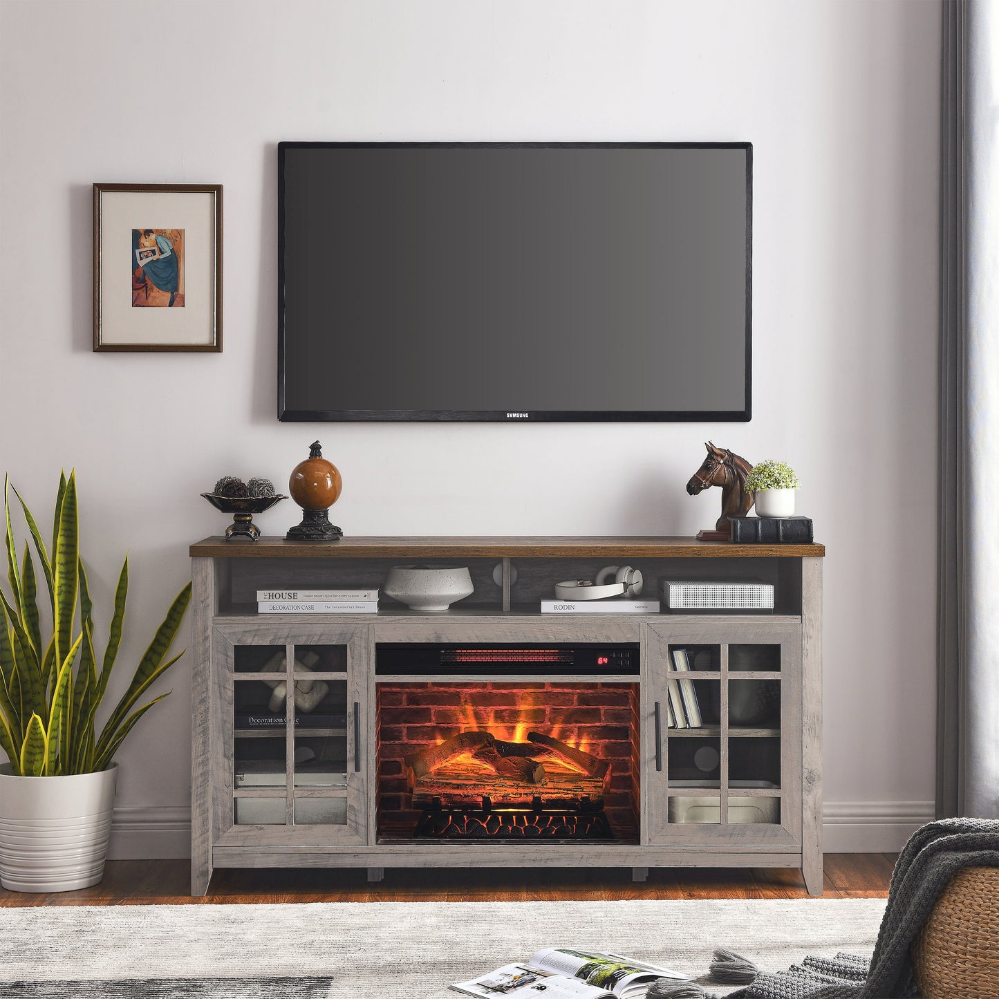 REIBII 55in. Gray TV Media Stand with KD Inserts Heater Freestanding Electric Fireplaces Overheating Protection