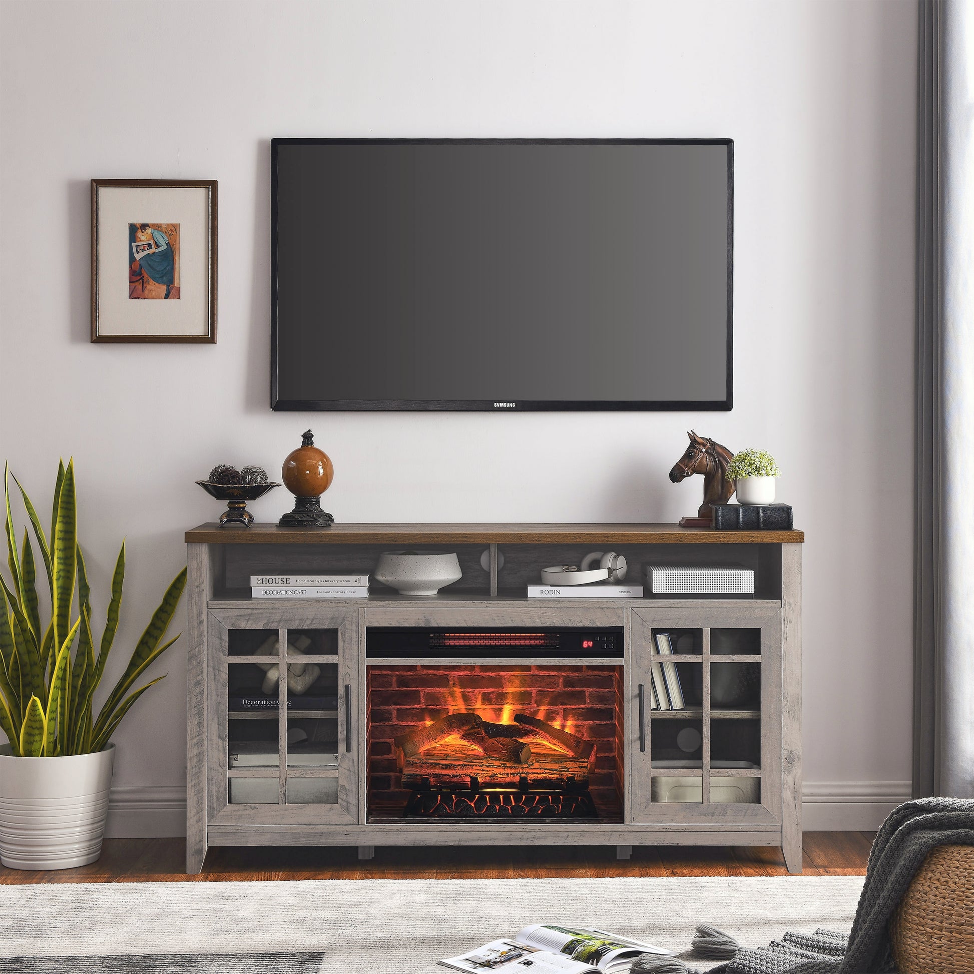 REIBII 55in. Gray TV Media Stand with KD Inserts Heater Freestanding Electric Fireplaces Overheating Protection