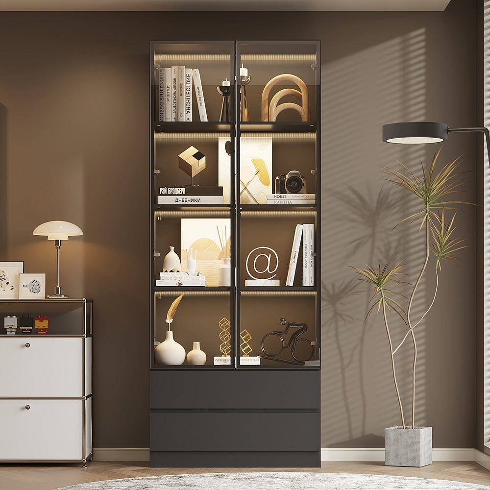   Tall Bookcase with Glass Doors and Drawers Modern Display Cabinet Bookshelf with LED Light and Aluminum Frame for Office or Study 31.5''L x 14.2''W x 78.7''H Black