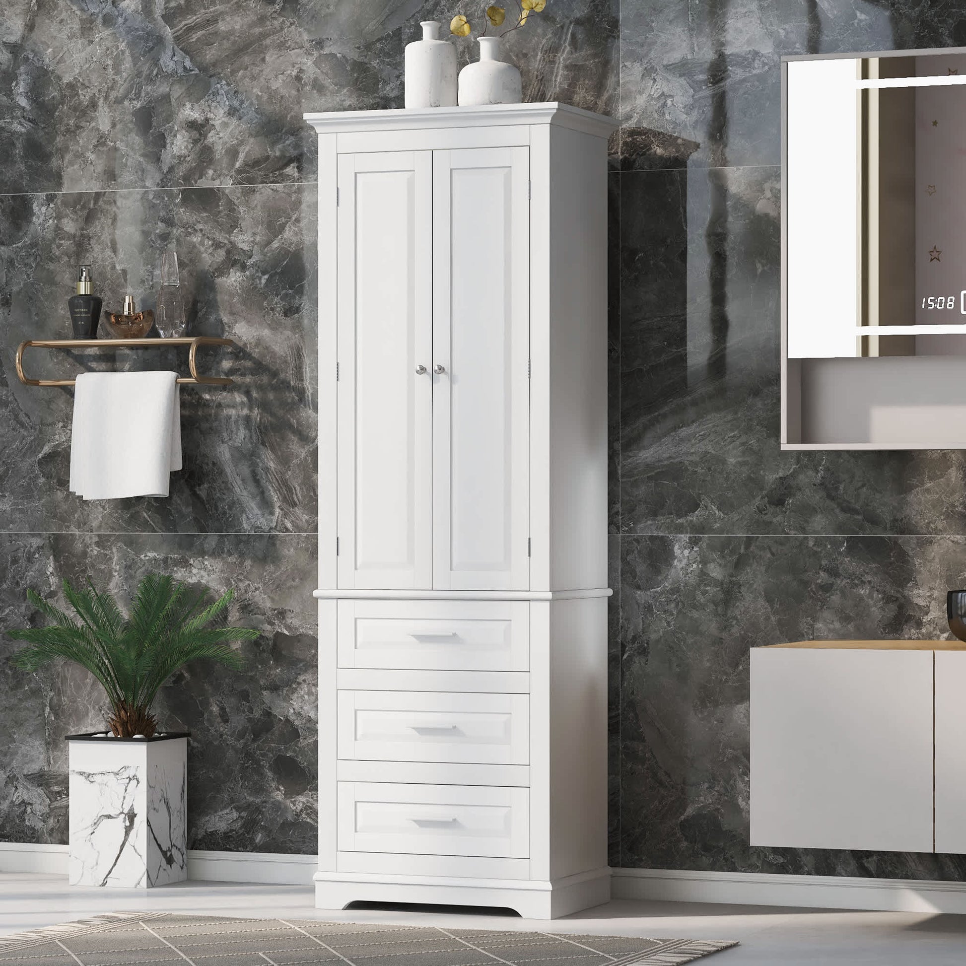 Misty Moon Tall Storage Cabinet with Three Drawers for Bathroom/Office White