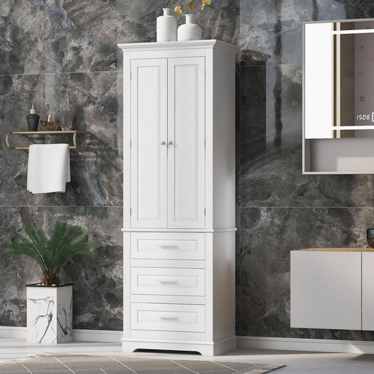 Misty Moon Tall Storage Cabinet with Three Drawers for Bathroom/Office White