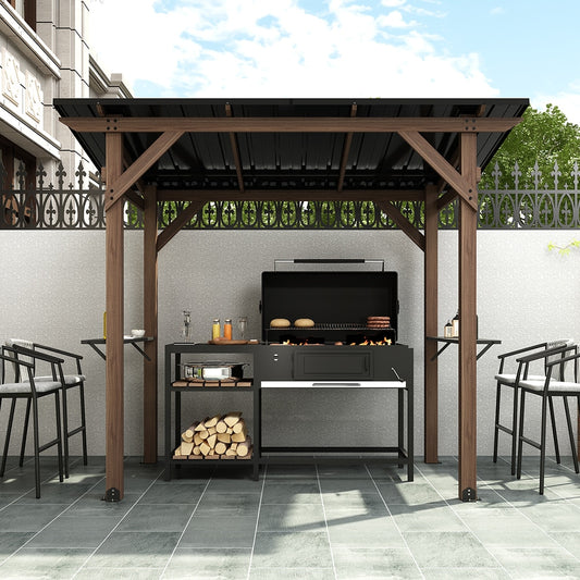 Homsee  8x5ft Cedar Wood Patio Grill Gazebo with Galvanized Steel Roof and Spacious Workbenches for Outdoor Cooking and Entertaining