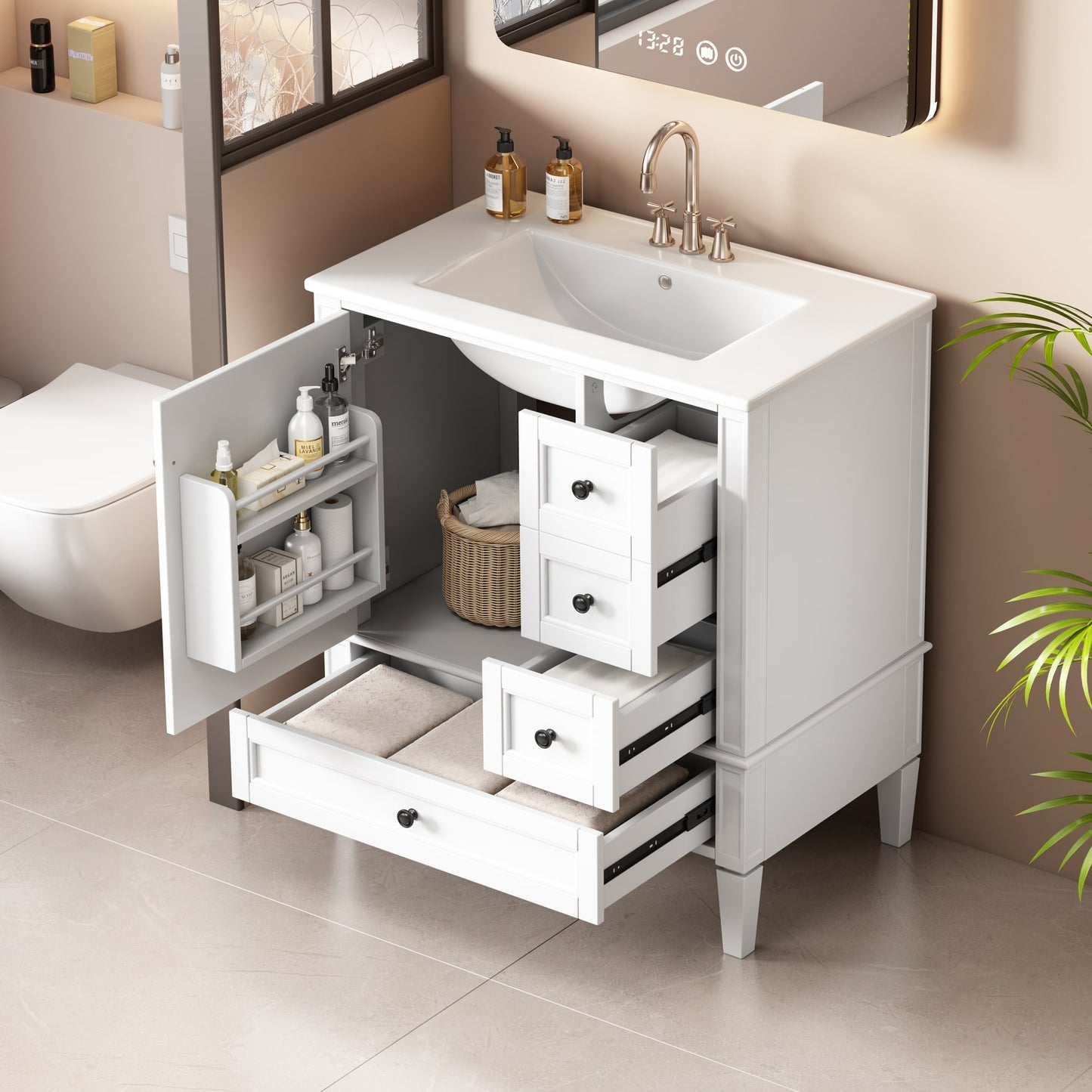 GDFStudio 30 Inch Bathroom Vanity with Ceramic Sink White Bathroom with 3 Drawers Solid Wood Frame Modern Bathroom Storage Cabinet  Ideal for Home