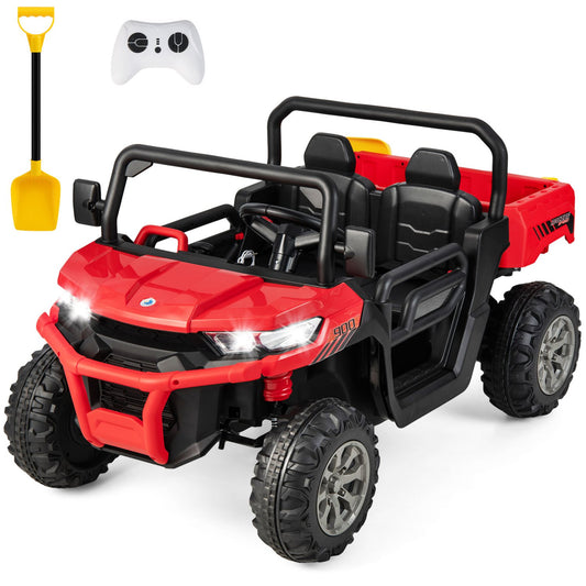 Costway  24V Ride on Dump Truck Electric 2-Seater Kids UTV with Dump Bed and Bight Lights and Remote Control Red
