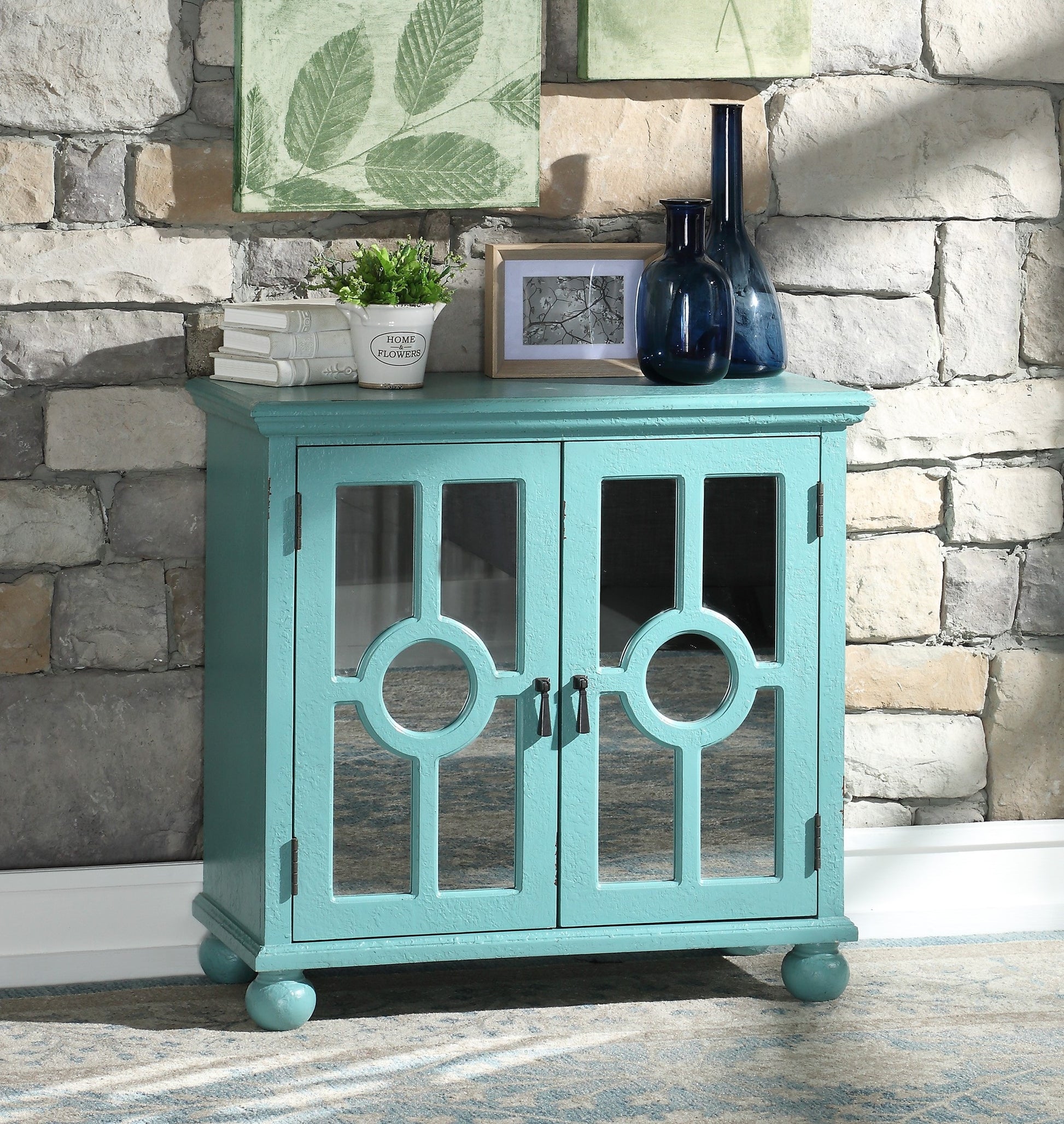 LOVMOR Classic Modern Traditional Accent Chest Storage Cabinet Mirror Doors Antique Aqua Pendant Pulls