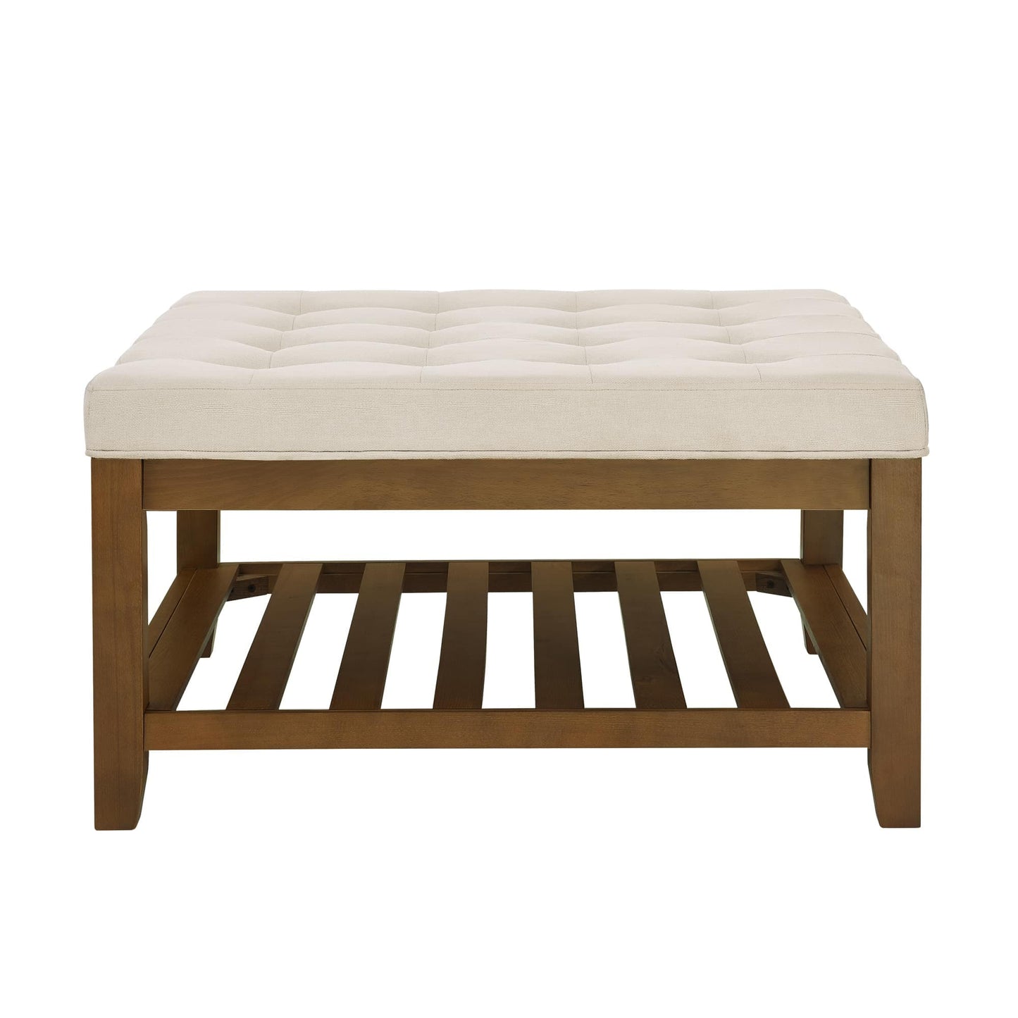 Vynxaria  Ivory Square Linen Upholstered Coffee Table Ottoman with Beech Wood Shelf 33x33x18 Inch Tufted Footrest