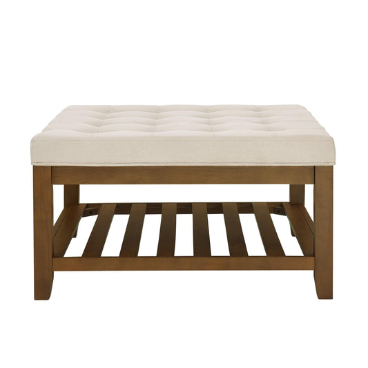Vynxaria  Ivory Square Linen Upholstered Coffee Table Ottoman with Beech Wood Shelf 33x33x18 Inch Tufted Footrest