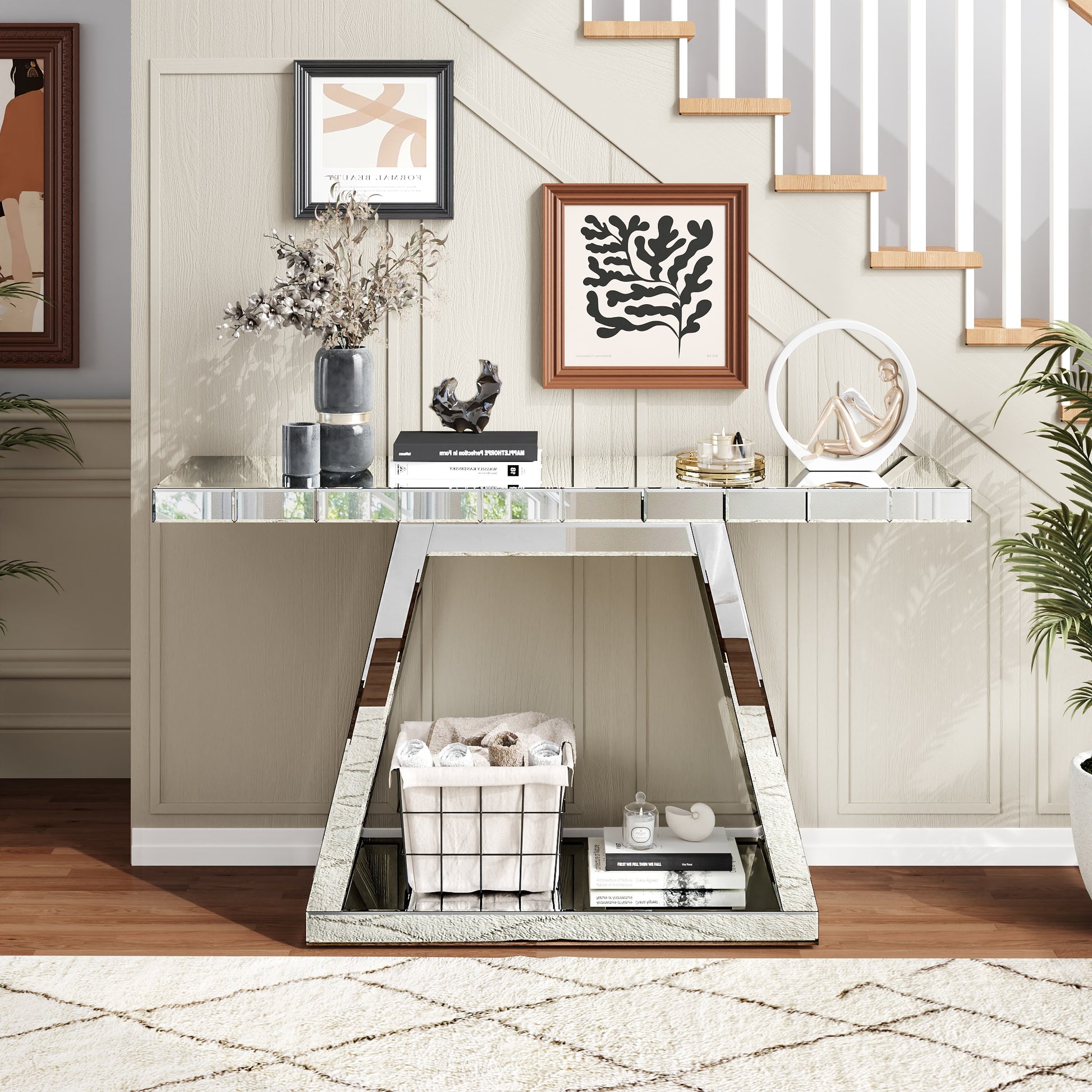 GDFStudio Brevard Art Deco Mirrored Wood Console Table with Trapezoid Base