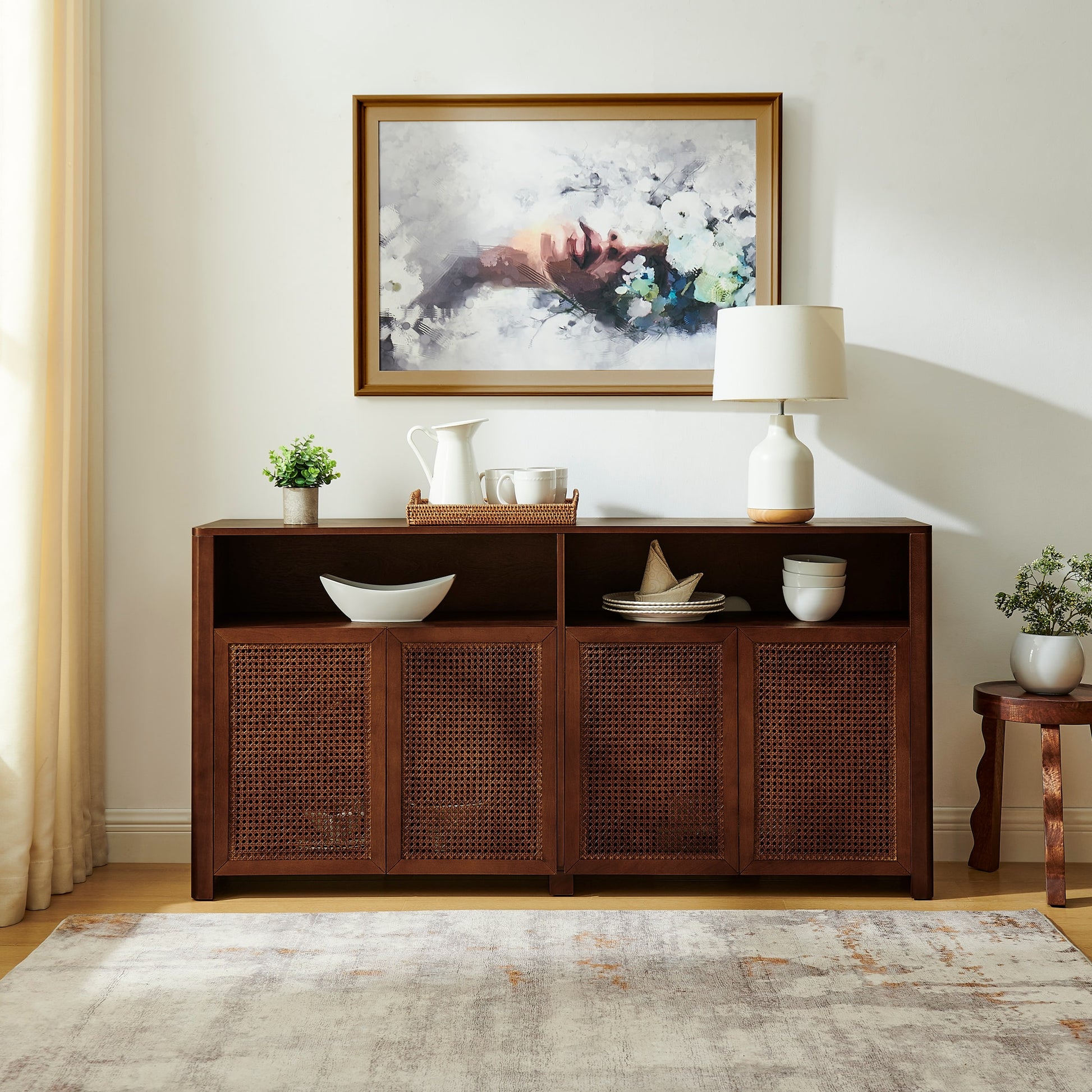 LOVMOR 63Inch Mid Century Modern Rattan Sideboard Buffet Cabinet with Storage Retro Coffee Bar Wine Bar Credenza Large Media Console Table for Living RoomEntrywayKitchen Walnut