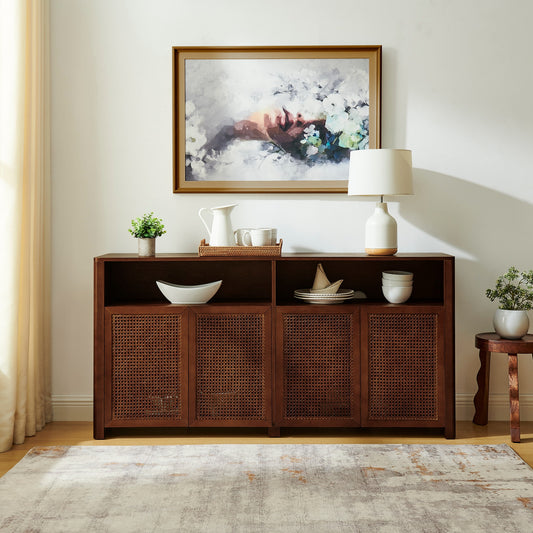 LOVMOR 63Inch Mid Century Modern Rattan Sideboard Buffet Cabinet with Storage Retro Coffee Bar Wine Bar Credenza Large Media Console Table for Living RoomEntrywayKitchen Walnut