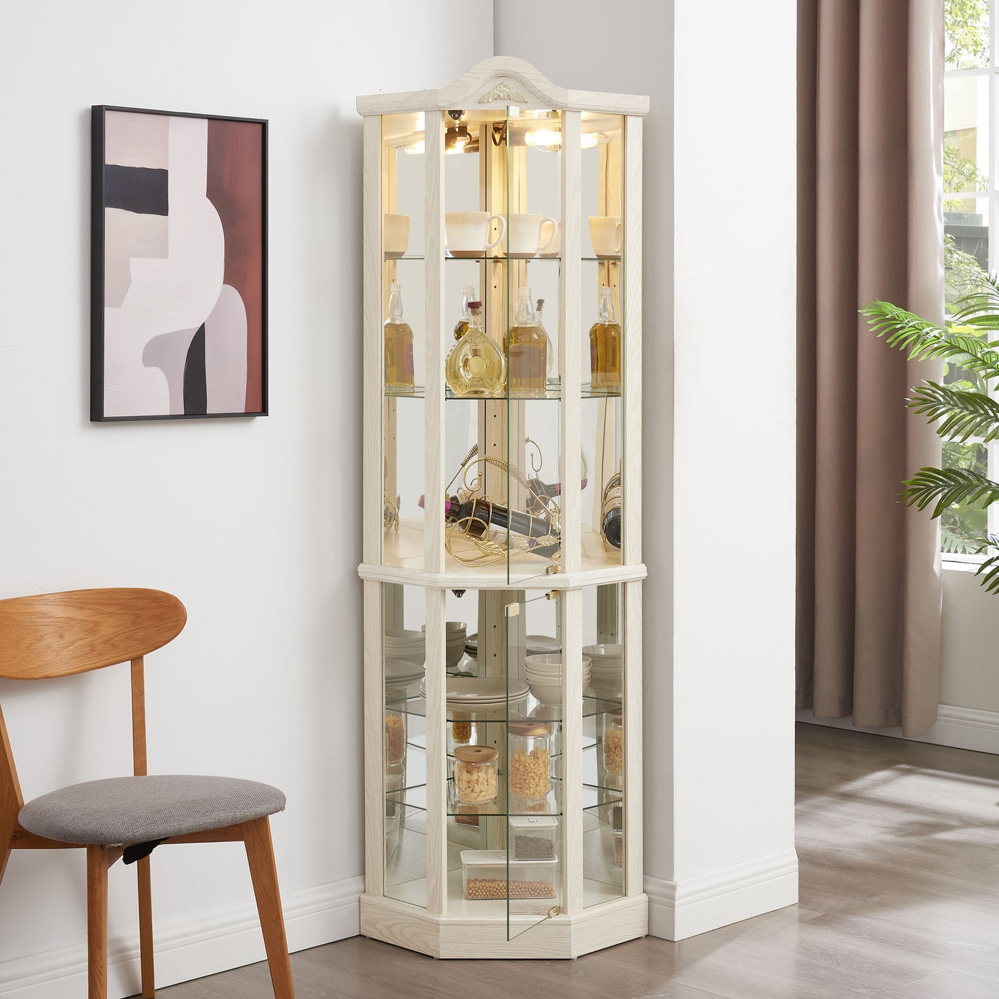 LOVMOR Glass Cabinet Lighted Corner Cabinet Corner Display Curio Cabinet Glass Display With LightIncluded Bar Cabinet Wine Cabinet with Adjustable Glass Shelves Carved Decoration WHITE LightIncluded