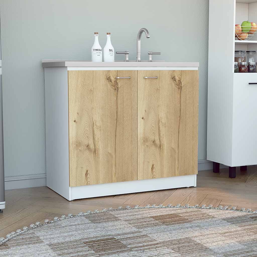 LOVMOR Napoles White Light Oak Utility Sink with Cabinet 1 Shelf Double Door