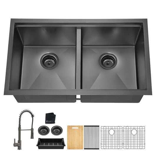 LOVMOR 33x19 Inch Undermount Gunmetal Black Double Bowl 18Gauge Stainless Steel Kitchen Sink with Faucet