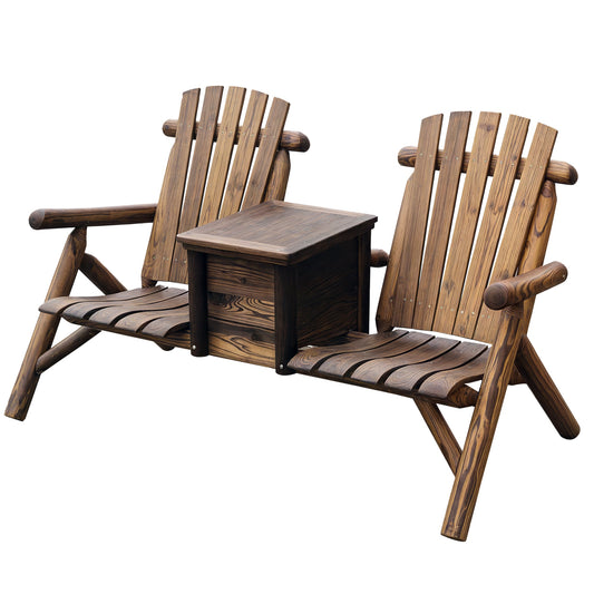 Outsunny  Double Wooden Adirondack Chair with Ice Bucket Outdoor Loveseat with High Backrest Smooth Armrest Rustic Brown