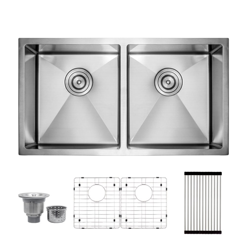 Strictly Kitchen + Bath Modern Industrial Undermount 18-in x 32.375-in Stainless steel Double equal bowl 16 -Gauge Kitchen Sink