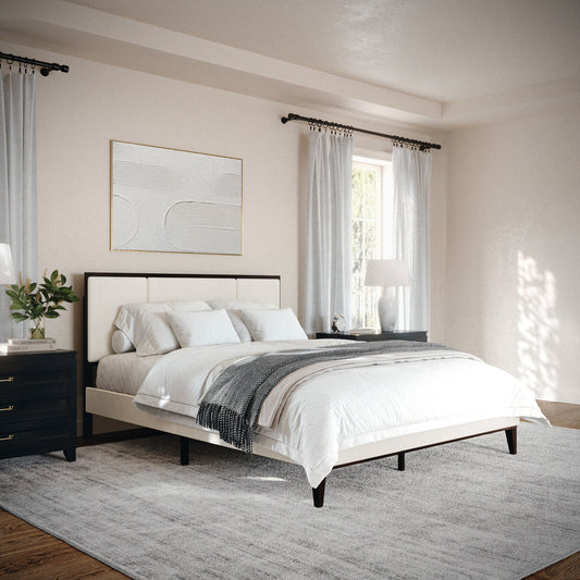 Martha Stewart Jett Queen Size Solid Wood Platform Bed with Upholstered Base and Inset Paneled Headboard; Wood Slat Bottom; No Box Spring Needed; Dark Brown/Beige