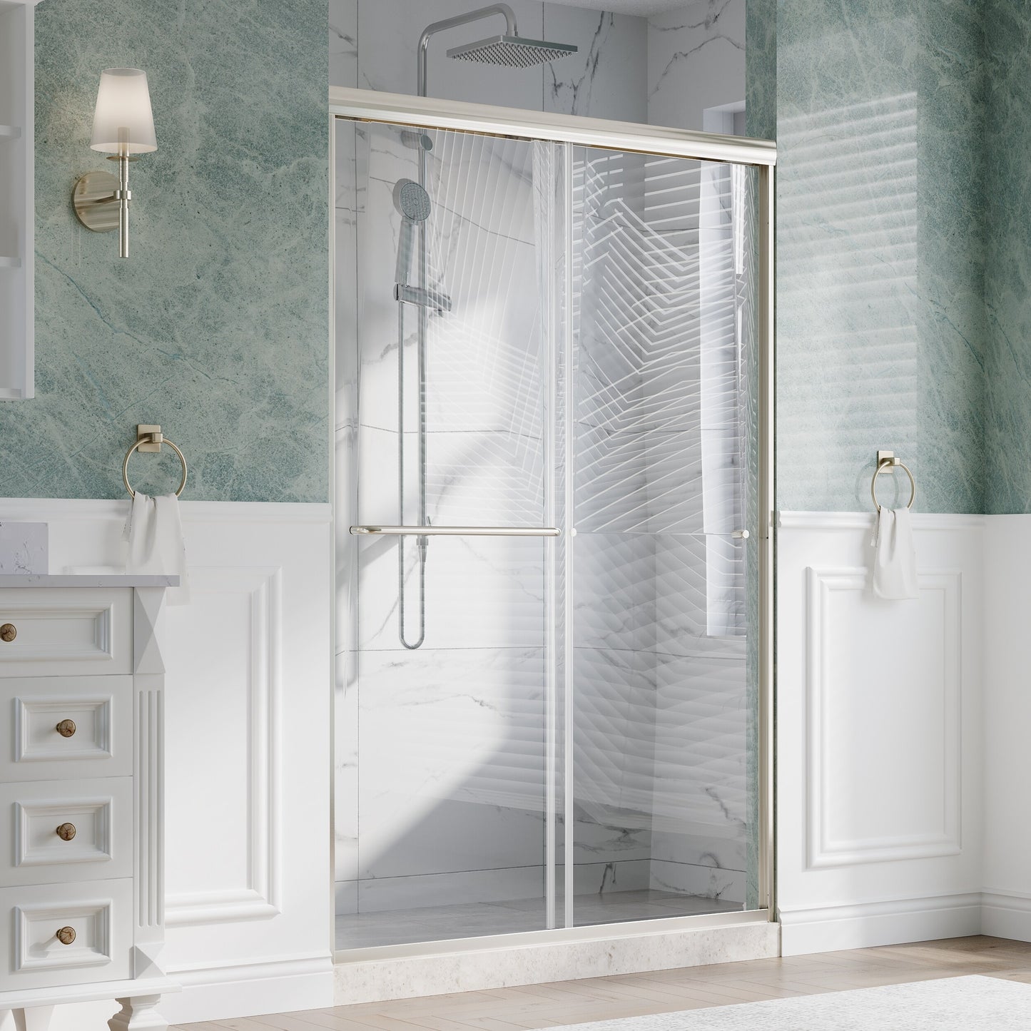 Forclover 15X Nickel 44-in to 48-in W x 72-in H Framed Clear Glass Sliding Soft Close Shower door