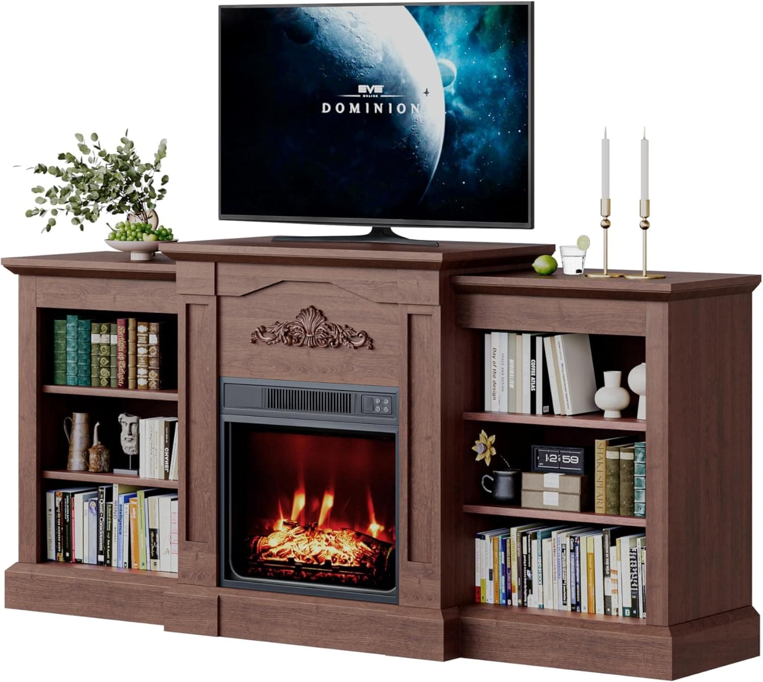 Qeetex 69 Inch Electric Fireplace and Mantel Shelves Replaceable Fireplace Insert Heater Timer Realistic Log and Flame Effect