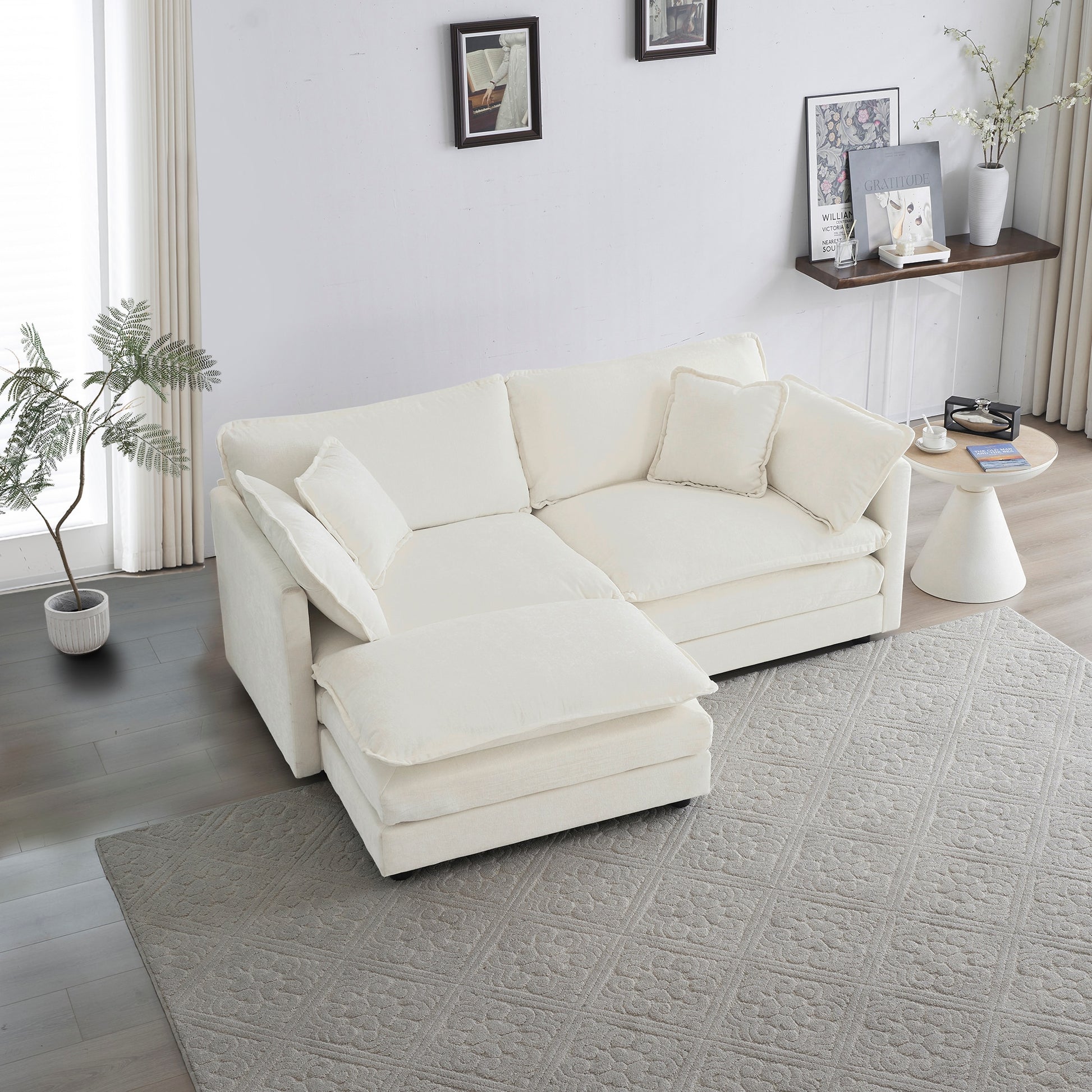 LOVMOR White Chenille 2 Seat L shaped Sectional Sofa with Footrest Ottoman