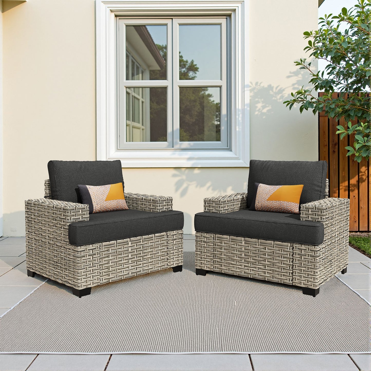 Pouuin Set of 2 Wicker Black Metal Frame Stationary Conversation Chair with Black Cushioned Seat