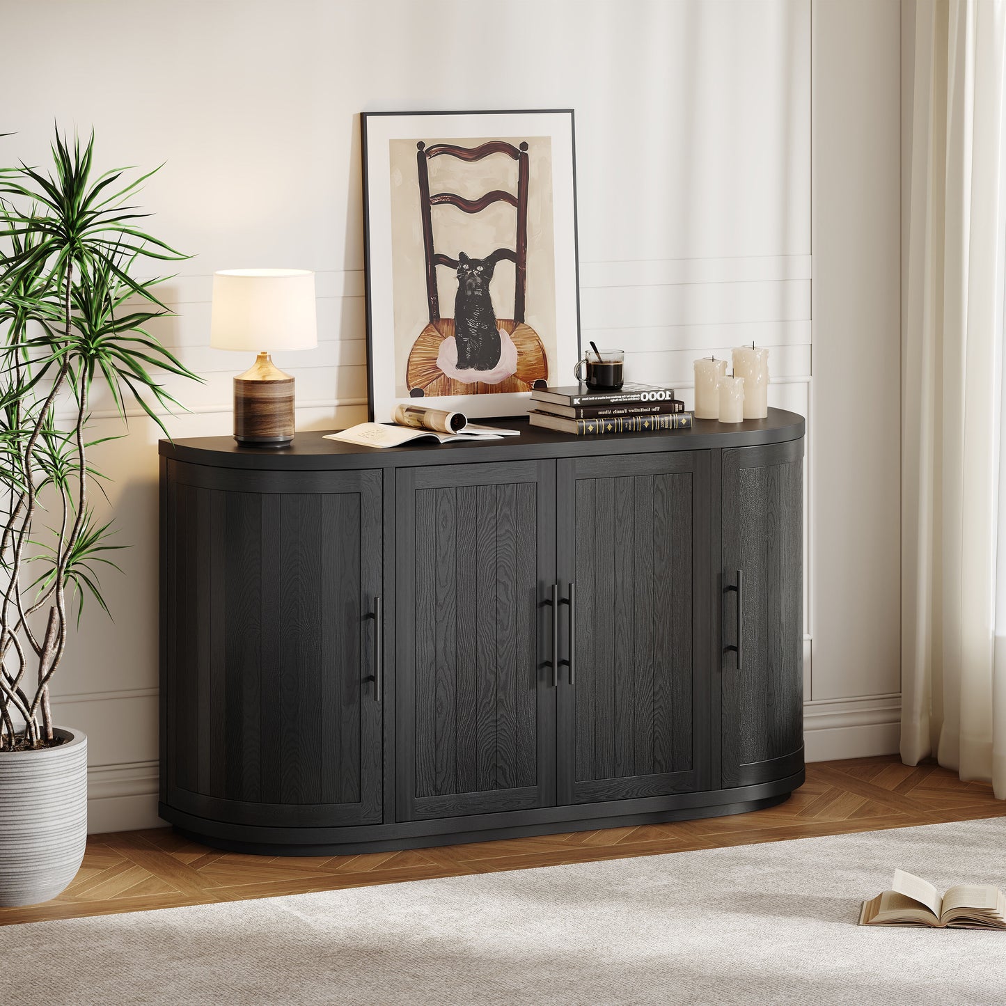 Christopher Knight Home Barnsfield Black 57 inch Modern 4 Door Curved Sideboard with Metal Handles