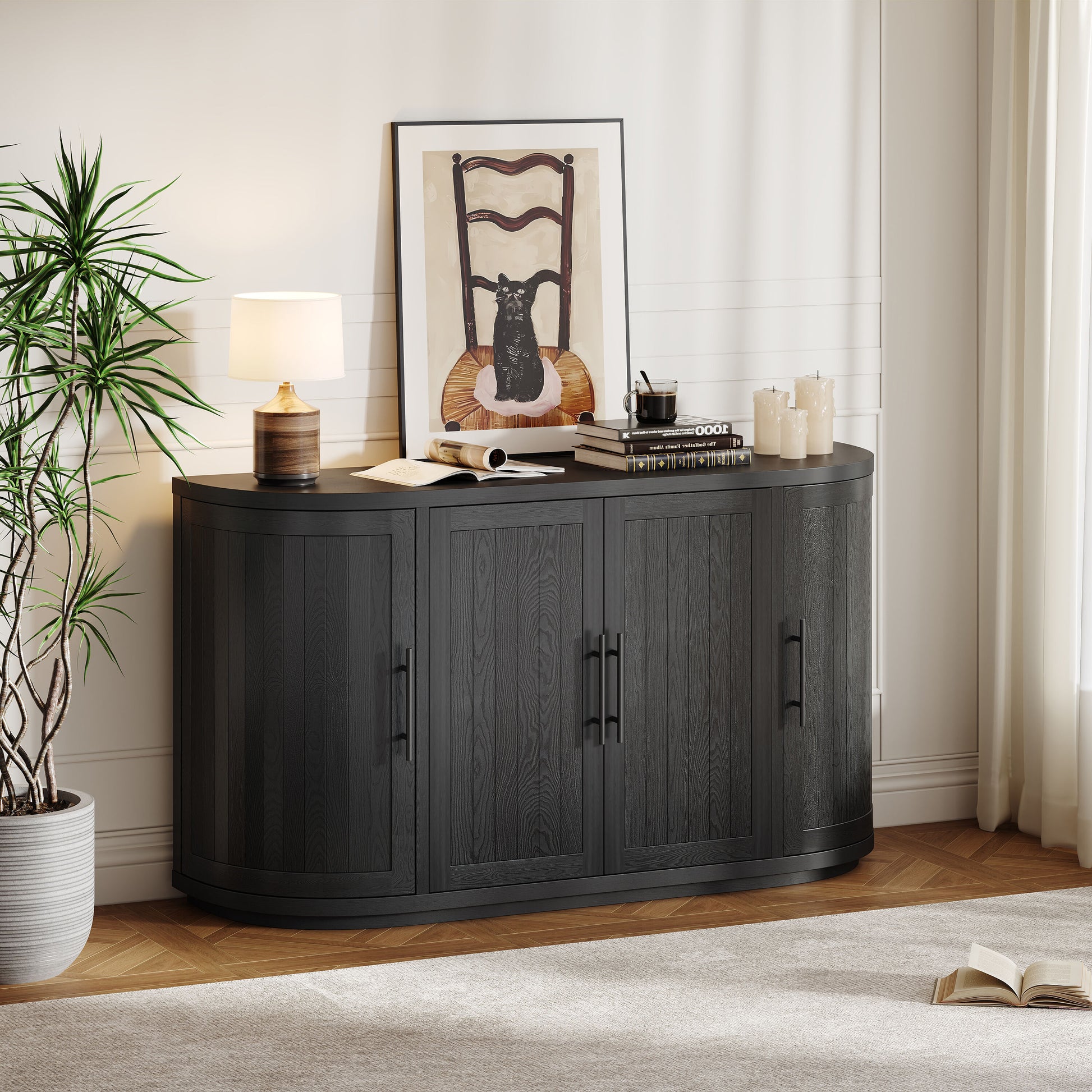 Christopher Knight Home Barnsfield Black 57 inch Modern 4 Door Curved Sideboard with Metal Handles