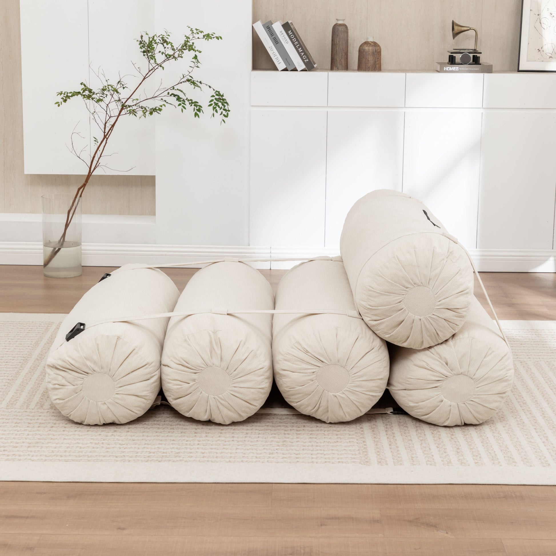 Vynxaria  Beige Corduroy 5 Cylindrical Pillows Adjustable Straps Multi-Person Versatile Floor Lazy Sofa Set of 1