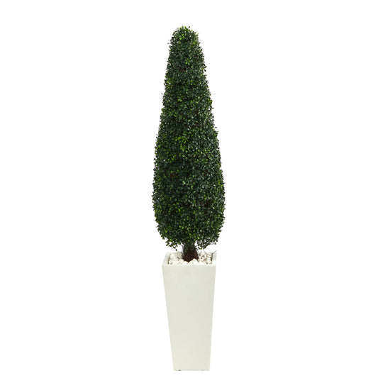 Nearly Natural  63-in Boxwood Topiary Artificial Tree in Tall White Planter UV Resistant (Indoor/Outdoor)